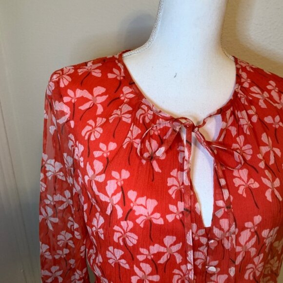 Vintage-Inspired Red Floral Sheer Blouse With Button-Up Front Tie Neckline & Puf - Picture 2 of 5